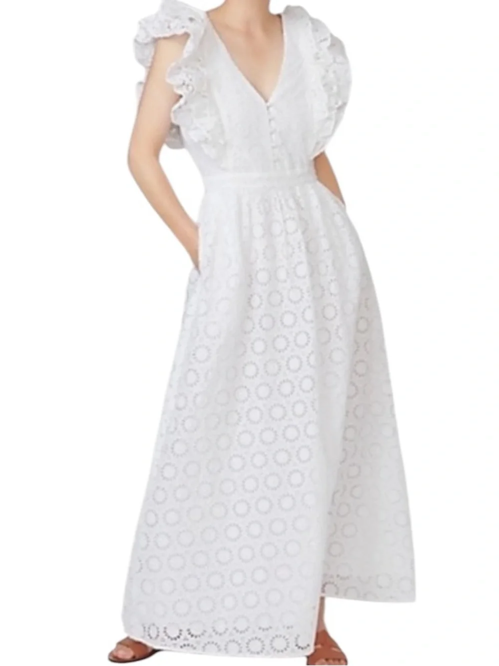 J. Crew Ruffle Sleeve Maxi Dress in Eyelet White‎ NWT Size 6